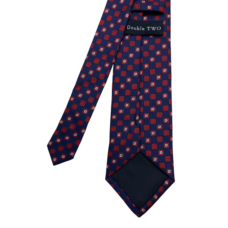 Double Two Beautiful Blue Men's Tie with Red Geometric Shapes