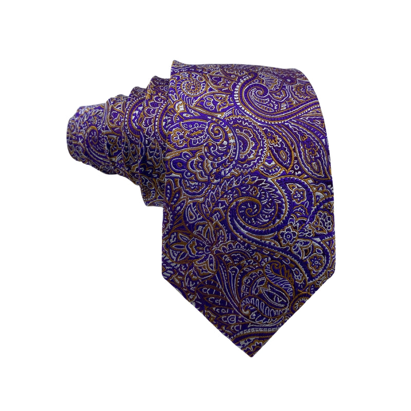 Butler And Webb Silk Purple Paisley Men's tie with Golden Stripes