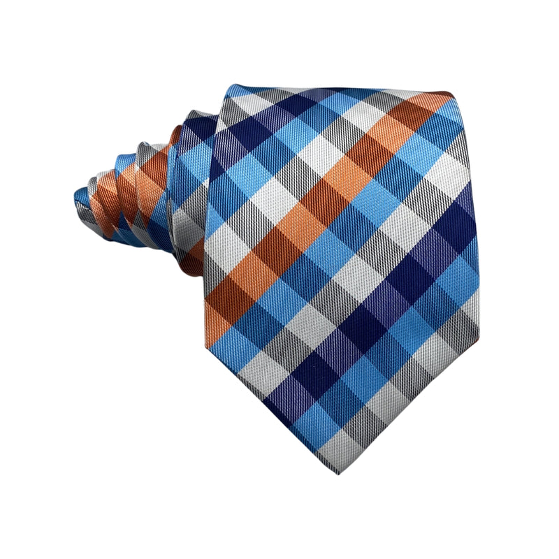 Barry Wang Classic Turquoise Orange Check Silk Men's Tie