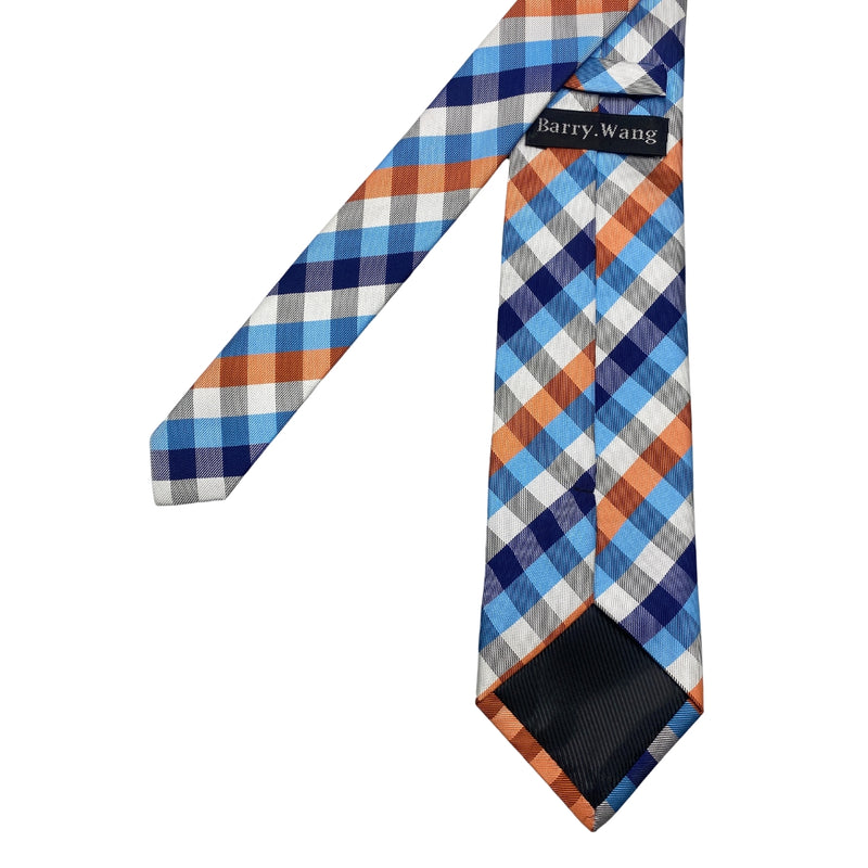 Barry Wang Classic Turquoise Orange Check Silk Men's Tie