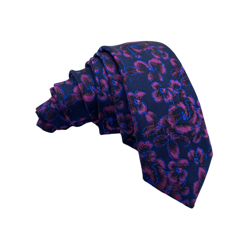 Dark Blue Dual Tone Grunge Floral Pattern Men's Tie