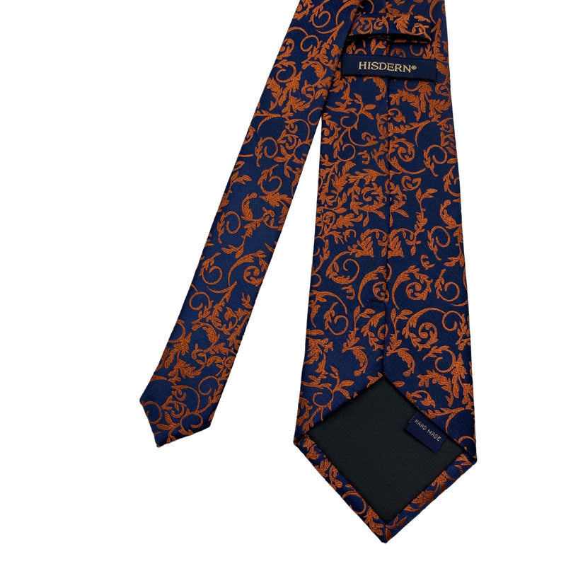 Hisdern Men's Navy and Burnt Orange Floral Tie