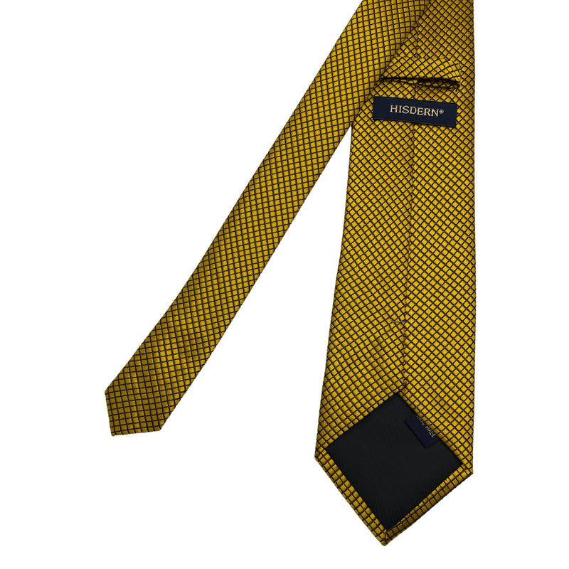 Hisdern Men's Yellow Geometric Grid Pattern Tie