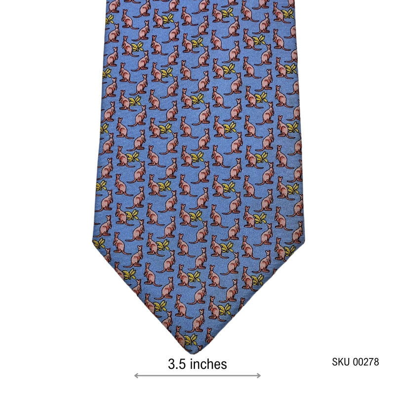 Men's Blue Kangaroo and Leaf Print Silk Tie