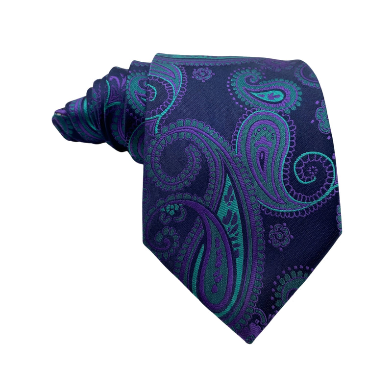 HISDERN Men's Paisley Tie in Navy Blue and Teal
