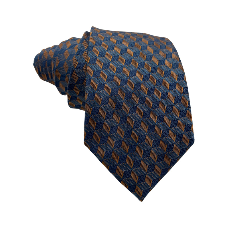 Men's Geometric Cube Pattern Silk Tie in Navy and Gold