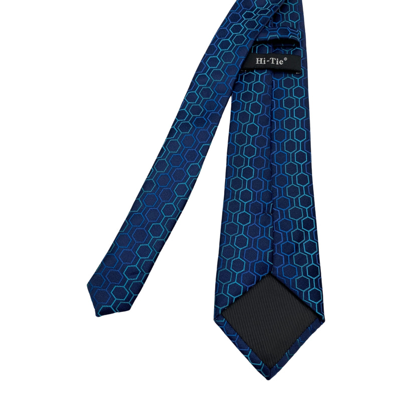 Hi-Tie Men's Blue Honeycomb Geometric Silk Tie