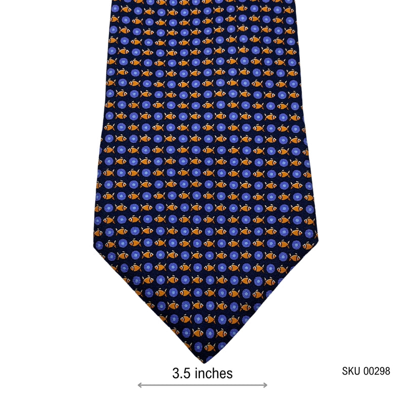 Men's Silk Tie in Navy with Orange Fish Pattern