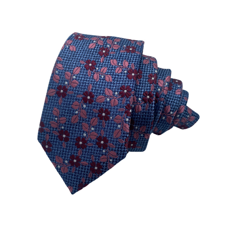 NEXT Men's Floral Tie – Blue with Red & Pink Flowers | Slim 2.2" Width