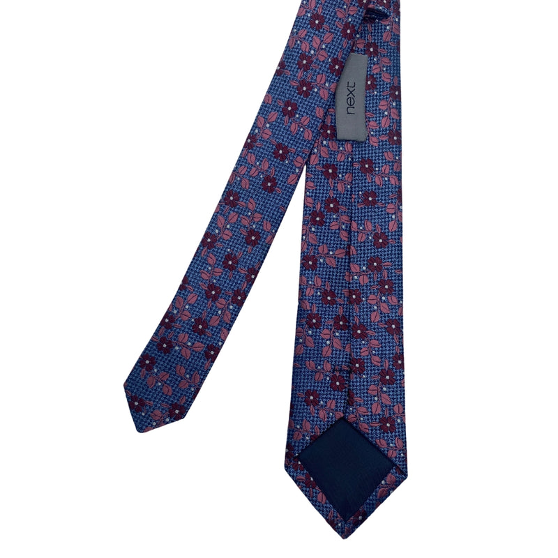 NEXT Men's Floral Tie – Blue with Red & Pink Flowers | Slim 2.2" Width
