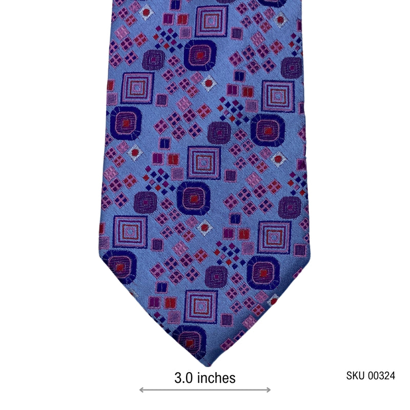 Double TWO Men's Geometric Tie – Light Blue with Purple & Red Pattern