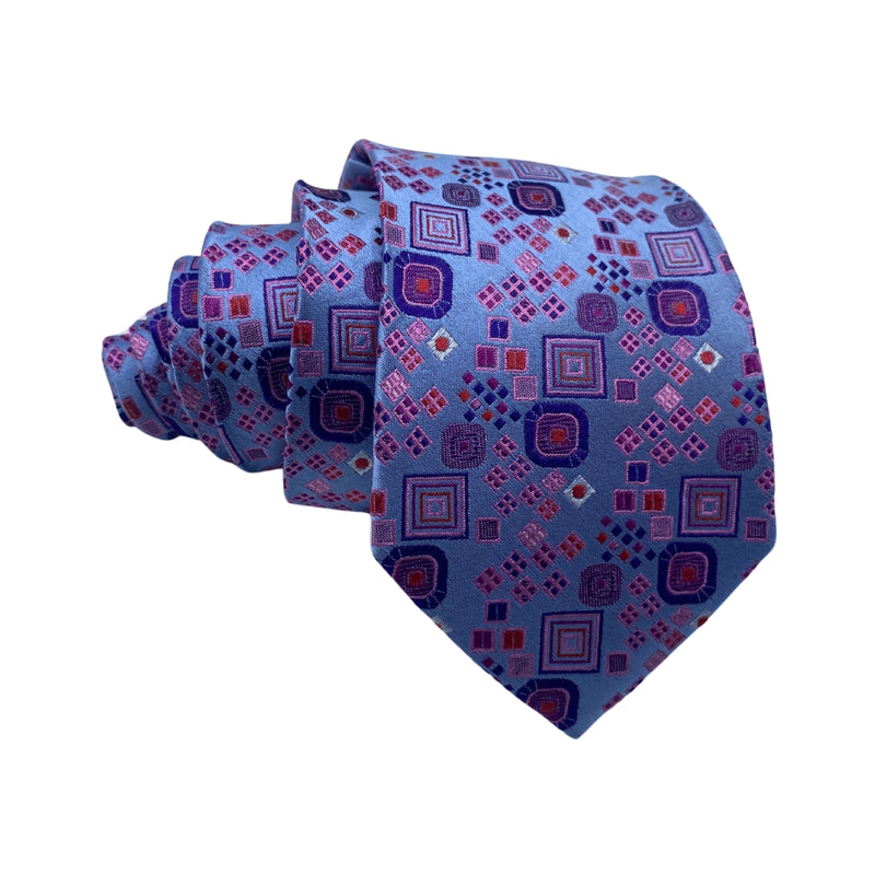 Double TWO Men's Geometric Tie – Light Blue with Purple & Red Pattern