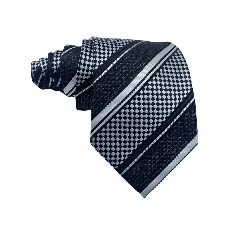 HISDERN Men's Geometric Tie – Navy, White & Gray Stripes