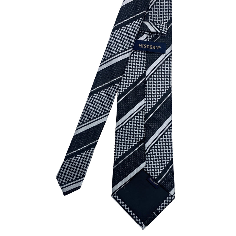 HISDERN Men's Geometric Tie – Navy, White & Gray Stripes
