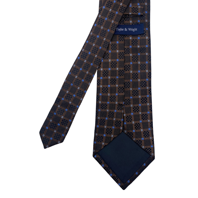 Taylor & Wright Men's Geometric Tie – Brown, Black & Blue Grid Pattern