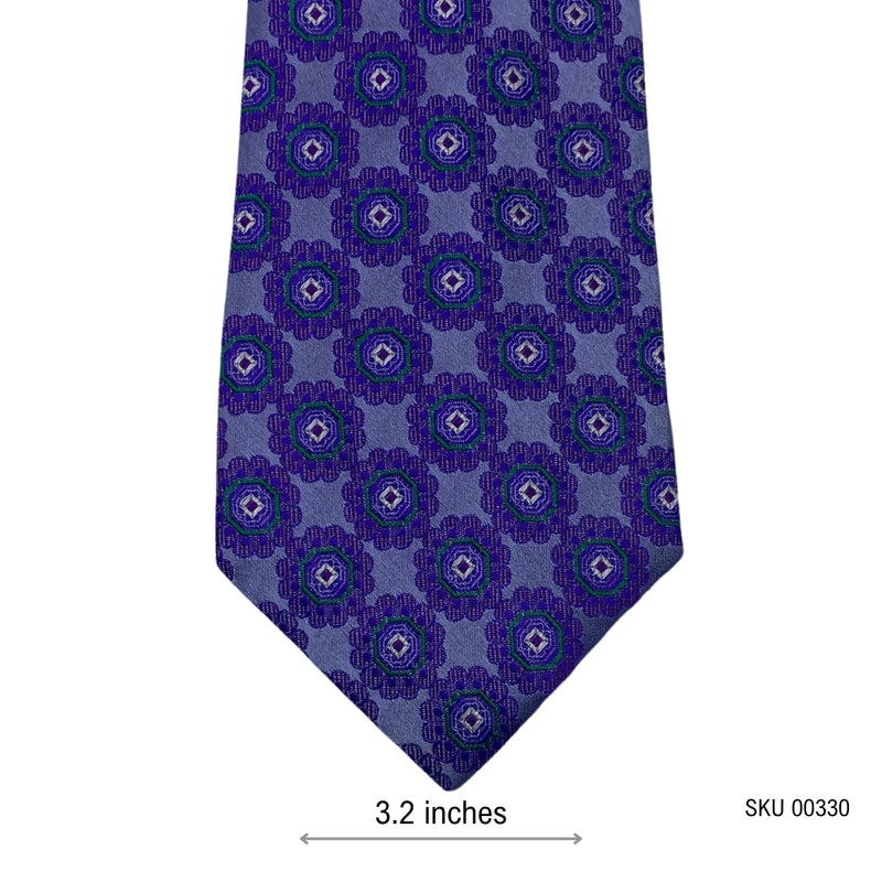 Men's Floral Geometric Tie – Blue with Purple & Green Motifs