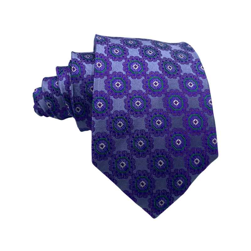 Men's Floral Geometric Tie – Blue with Purple & Green Motifs