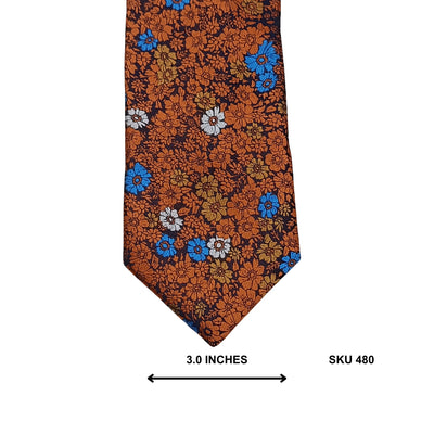 Rust Orange & Blue Dense Floral Microfiber Tie by Montagu